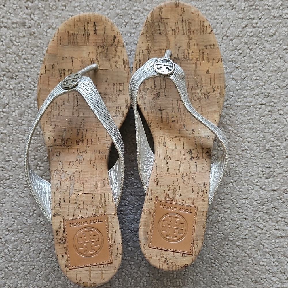 Tory Burch Metallic Silver Cork Wedge Sandals